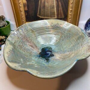 Studio Pottery Bowl Signed JD Crystal Bottom And Crystalline Grazed Blue Green
